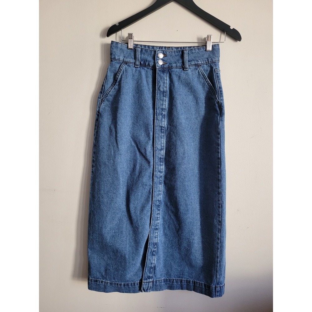VERA MODA Women's Mid Blue Denim Long Snap‎ Skirt SZ S Western Boho Preppy